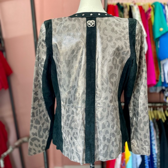 Sharif 1827 Couture Suede Black and Metallic Leopard Print Zip Up Jacket - Picture 2 of 6